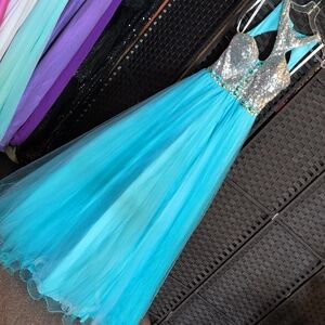 Sparkling Silver Sequin Bodice Turquoise Prom Gown